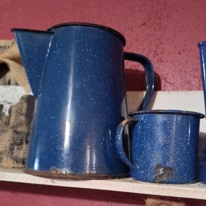 Rustic Blue Enamel Pitcher and Mug Set